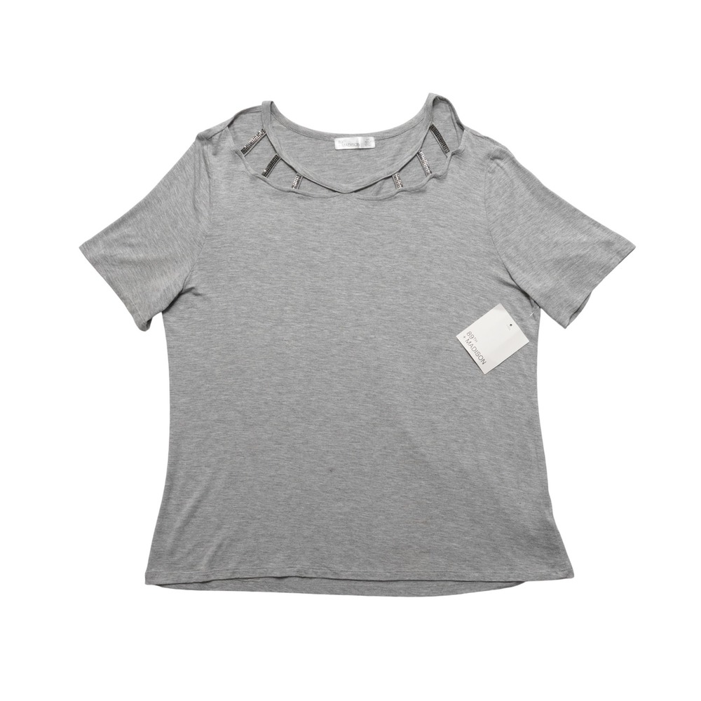 89th‎ Madison Womens Large Grey Rhinestone Cutout Jewel Neck Top